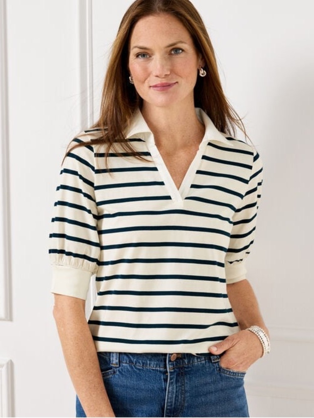 Talbots Johnny Collar Striped Polo Shirt Top Ivory Navy Short Sleeve XS